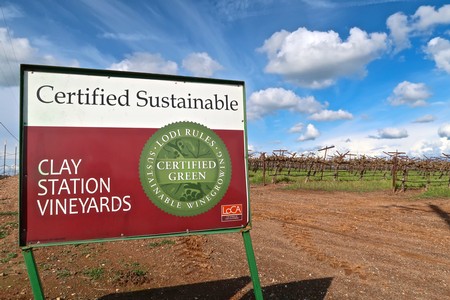 Sustainable vineyard sign at Clay Station Vineyards in Lodi, California, under a blue sky with clouds.