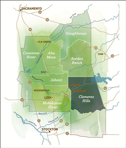 Map of Lodi wine region highlighting key areas like Elk Grove, Alta Mesa, and Clements Hills.