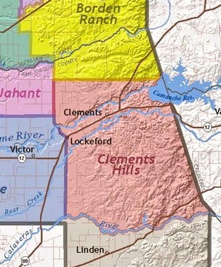 Map of Lodi wine region highlighting Clements Hills and surrounding areas.