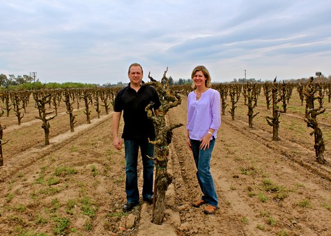 Two people standing in a vineyard with pruned grapevines and a cloudy sky, representing Lodi Winegrape Commission.