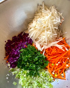 Colorful chopped vegetables including carrots, cabbage, green onions, and herbs in a mixing bowl.