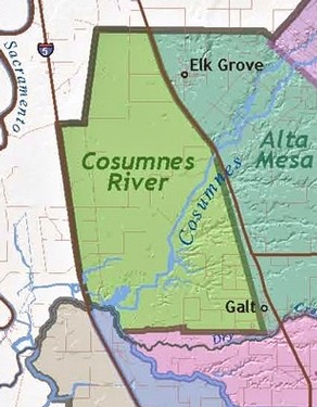 Map of Lodi Winegrape Commission vineyards showing Cosumnes River, Elk Grove, Galt, and Alta Mesa areas.