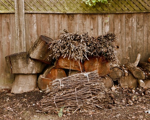 Stack of cut firewood with logs and branches against a wooden fence in Lodi, California.