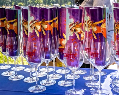 Set of wine glasses with Lodi Winegrape Commission branding and purple ribbons for a promotional event.