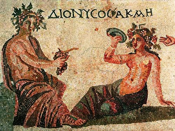 Ancient mosaic depicting Dionysus and a satyr, symbolizing wine and festivities in Greek mythology.