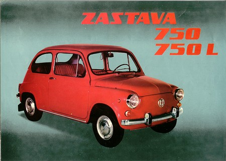 Classic red Zastava 750L car from vintage advertisement with bold red text on a teal background.