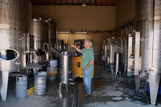 Winery worker inspecting stainless steel fermentation tanks at Lodi Winegrape Commission.