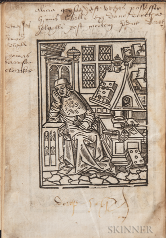 Black and white historical illustration of a scholar seated at a desk with books and scientific instruments.