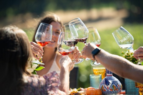 Group of people clinking wine glasses outdoors during a celebration in Lodi, California.