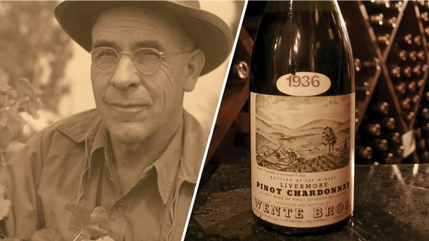 Historical photo and vintage Pinot Chardonnay wine bottle from 1936 by Lente Bros.