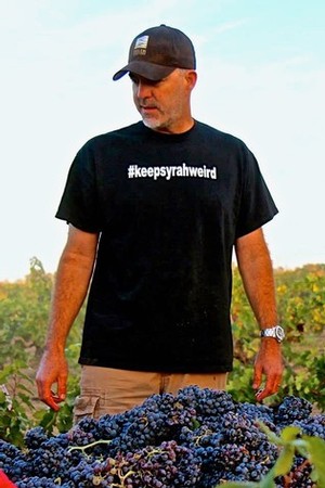 Man in vineyard wearing black T-shirt with #keepsyrahweird, inspecting ripe grapes during harvest.