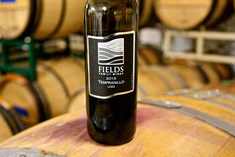Lodi Tempranillo wine bottle from Fields Family Wines in a wine cellar.