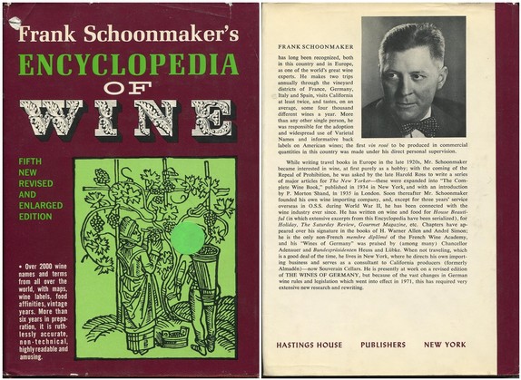 Vintage book cover of Frank Schoonmaker's Encyclopedia of Wine, fifth edition, with green and purple design and wine-related图.