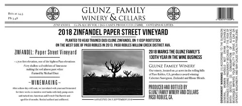 2018 Zinfandel Paper Street Vineyard wine label from Glunz Family Winery & Cellars in Paso Robles, California.
