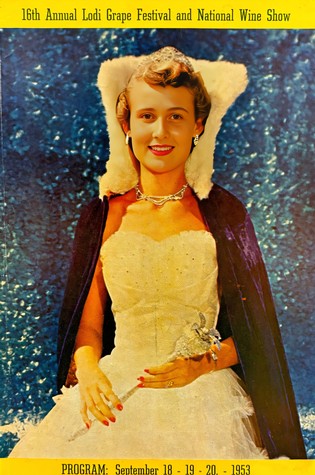 Vintage photo of a woman in a wedding dress at the 1953 Lodi Grape Festival and Wine Show.