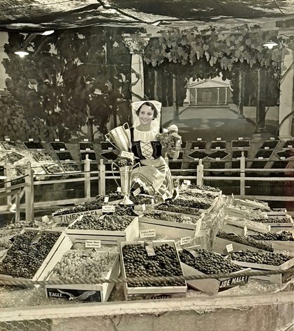 Woman in traditional dress with wine trophies and grape displays at Lodi Winegrape Commission event.