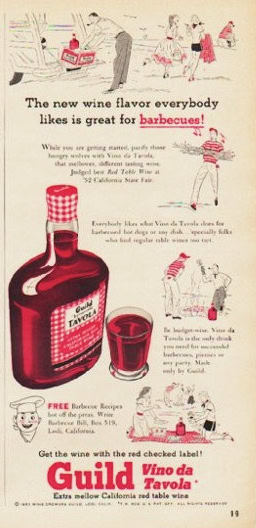 Vintage advertisement for Guild Vino da Tavola wine with red checked label and wine glass.