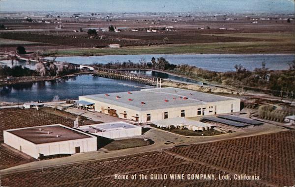 Aerial view of GUILD WINE COMPANY winery in Lodi, California, surrounded by vineyards and water bodies.
