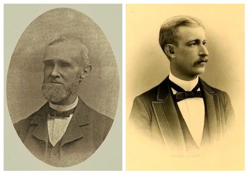 Side-by-side portraits of two 19th-century men in formal attire, one with a beard and the other with a mustache and bow tie.