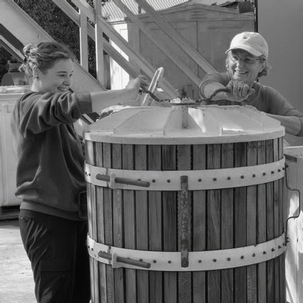 Two women smiling and working together at a grape crusher during Lodi wine harvest.