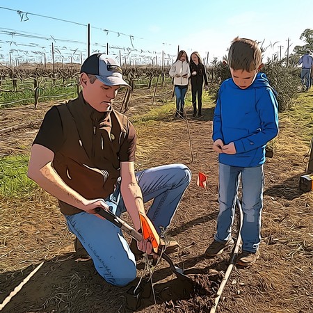 Young boy and man planting grapevines in a vineyard during a community event.