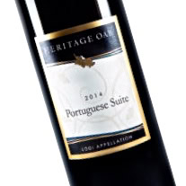 Close-up of a Portuguese Suite wine bottle from Lodi Winegrape Commission, showcasing elegant label design.