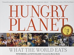Book cover of Hungry Planet showing diverse families and their food portions from around the world.