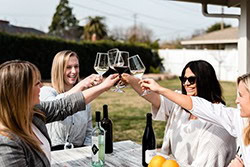Group of friends enjoying wine tasting outdoors with glasses raised in celebration.