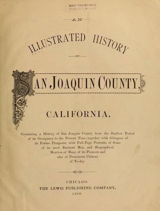 Vintage historical document cover from 1890 about San Joaquin County, California, with ornate design and title.