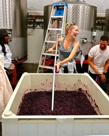 Woman tasting freshly crushed grapes at a winery with team members in the background.