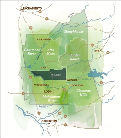Map of Lodi wine region highlighting key districts and rivers in California.