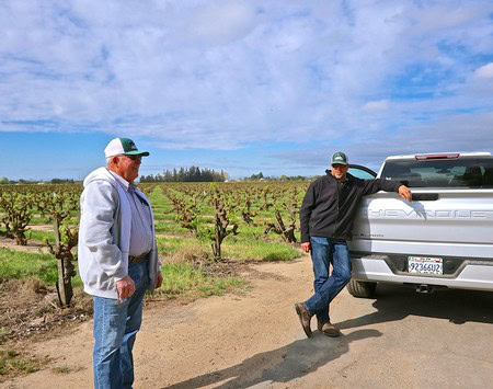 Two men in a vineyard near a truck, enjoying a sunny day in Lodi wine country.