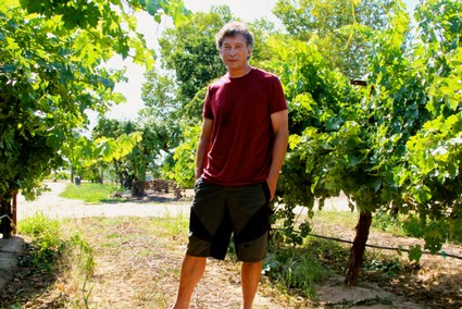 Young man standing in a lush vineyard with green grapevines and trees in the background.
