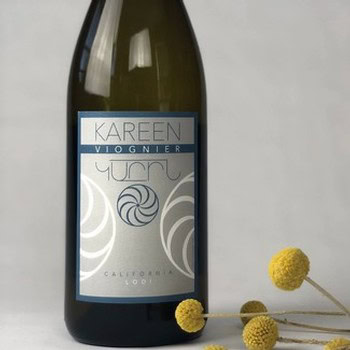 Kareen Viognier wine bottle from Lodi, California, with a modern label design and yellow billy balls flower.