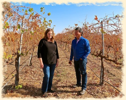 Two people touring a vineyard with grapevines in autumn, under a blue sky, representing Lodi Winegrape Commission.