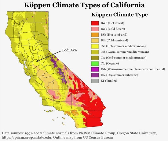Map showing California's climate zones, including hot deserts, Mediterranean, and oceanic regions, based on Köppen climate分类.