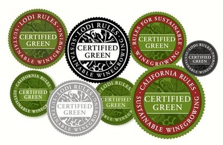 Collection of Lodi Rules Certified Green wine labels promoting sustainable winemaking in California.