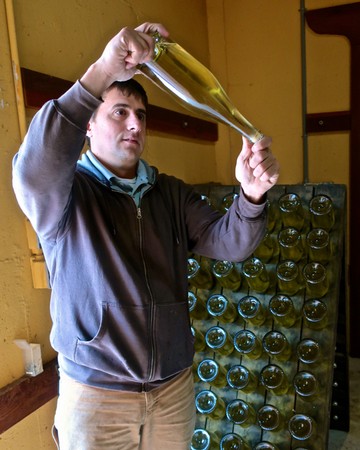 Man inspecting a wine bottle in a winery with wine bottles in the background.