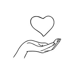 Minimalist line drawing of a hand holding a heart, symbolizing care and love.