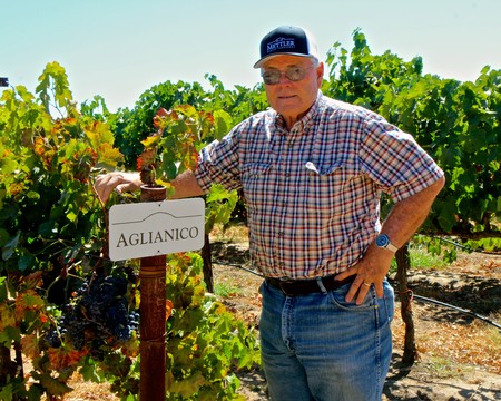 Man in vineyard with a sign reading 'Aglianico' during daytime.