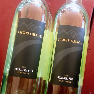 Two bottles of Lodi wine from Alta Mesa, featuring Lewis Grace Torrontés and Albarino, on a red background.