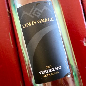 Close-up of Lewis Grace Verdelho 2022 wine bottle label from Lodi Winegrape Commission.