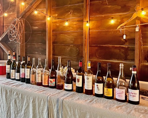Collection of wine bottles displayed on a table with warm string lights in a rustic setting.