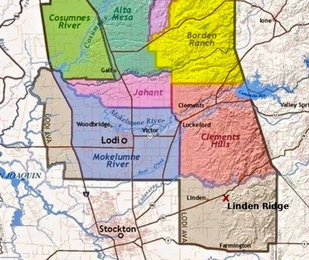 Map of Lodi winegrowing regions including Clements Hills, Mokelumne River, and Borden Ranch.