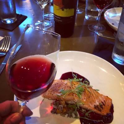 Glass of red wine and gourmet salmon dish with sauce and greens on a white plate.