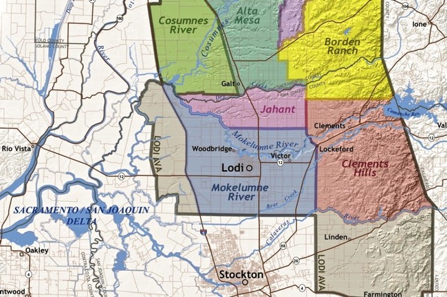Map of Lodi wine region showing various AVAs and surrounding areas in California.
