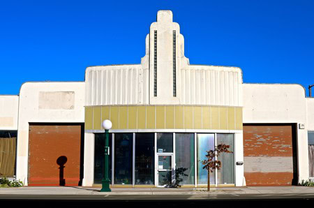 Historic Lodi Winegrape Commission building with Art Deco architecture in downtown Lodi, California.