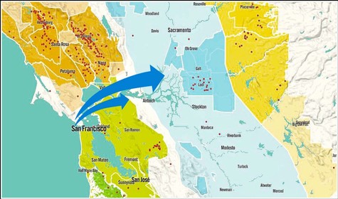 Map of California wine regions highlighting Lodi and surrounding areas for wine production.