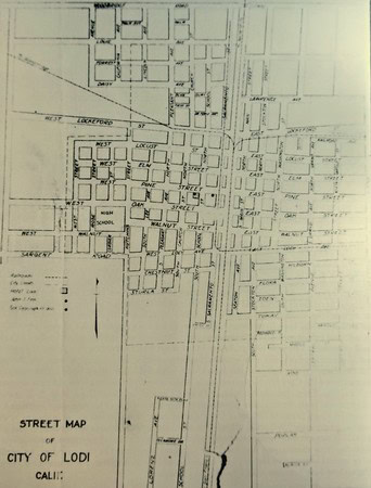 Vintage street map of Lodi, California, showing city layout and street names.