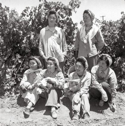 Black and white photo of women and children in a vineyard, likely from the early 20th century.